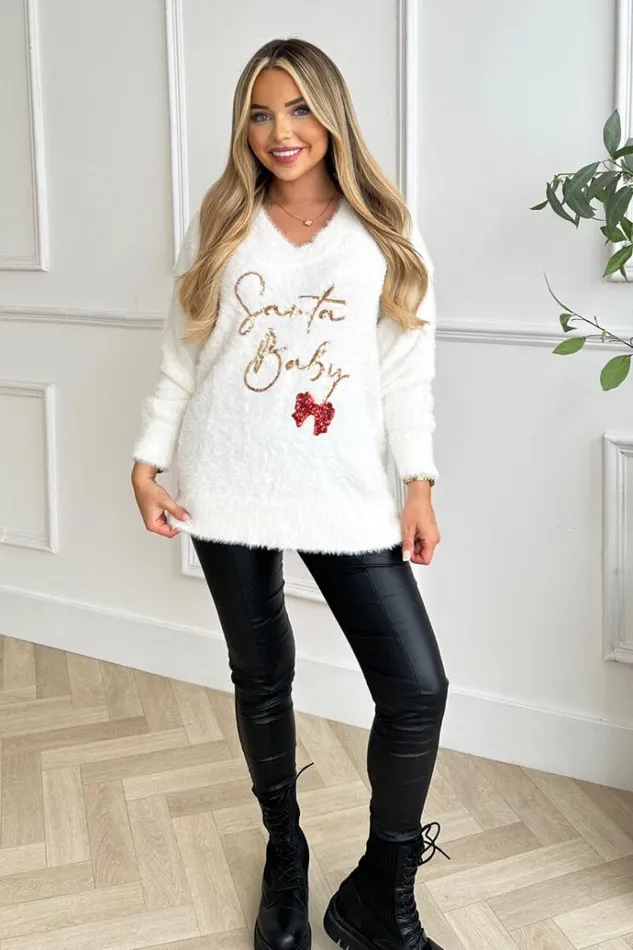AX Paris Cream Fluffy Santa Baby Sequin Jumper Women Tops