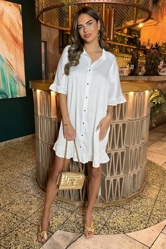 AX Paris Cream Frill Detail Gold Button Front Shirt Dress Women Dresses