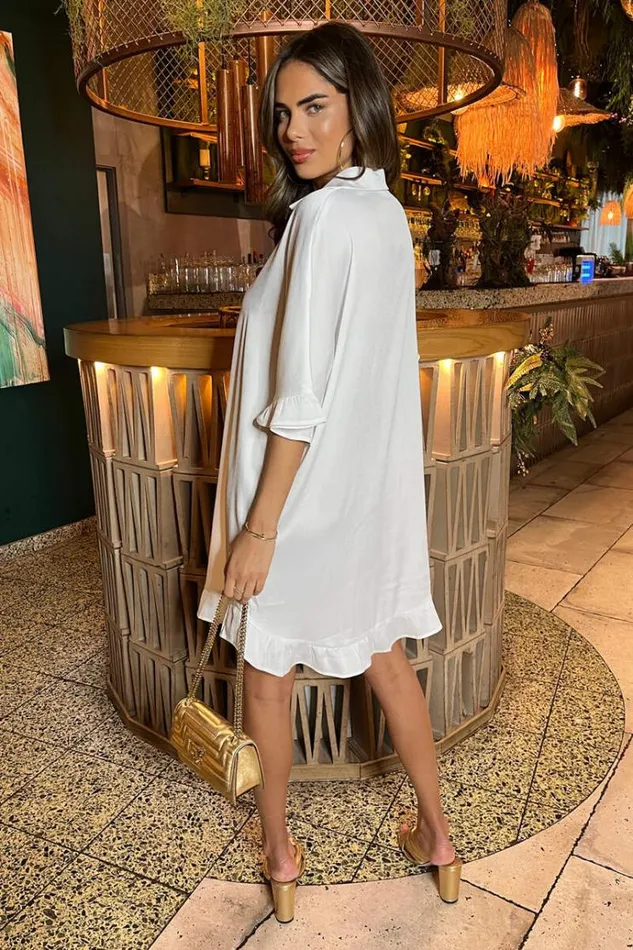 AX Paris Cream Frill Detail Gold Button Front Shirt Dress Women Dresses