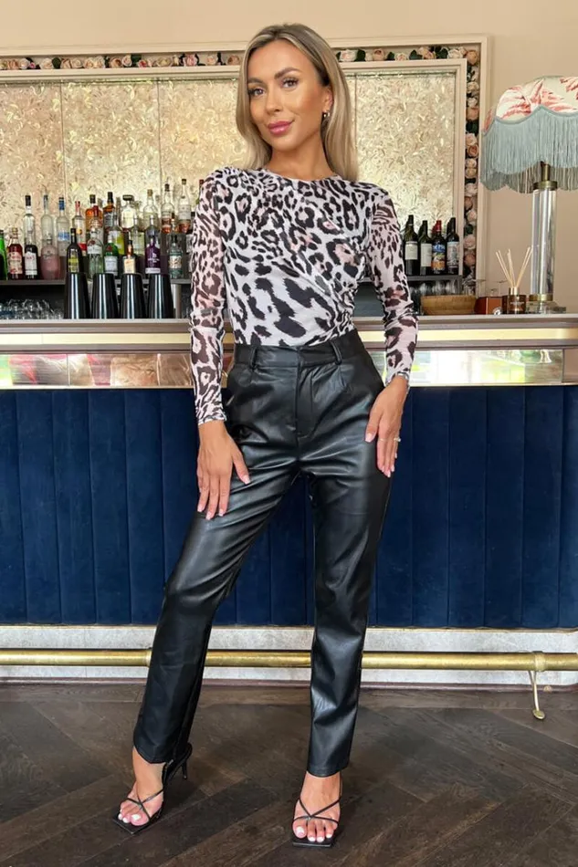 AX Paris Cream Leopard Print Long Sleeve Draped Mesh Bodysuit Women Bodysuits