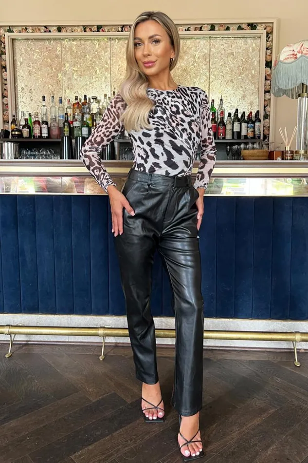 AX Paris Cream Leopard Print Long Sleeve Draped Mesh Bodysuit Women Bodysuits