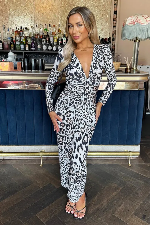 AX Paris Cream Leopard Print Long Sleeve V Neck Knot Drape Midi Dress Women The Leopard Edit AX Paris Cream Leopard Print Long Sleeve V Neck Knot Drape Midi Dress Women The Leopard Edit