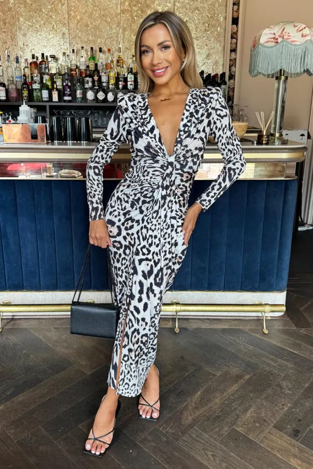 AX Paris Cream Leopard Print Long Sleeve V Neck Knot Drape Midi Dress Women The Leopard Edit