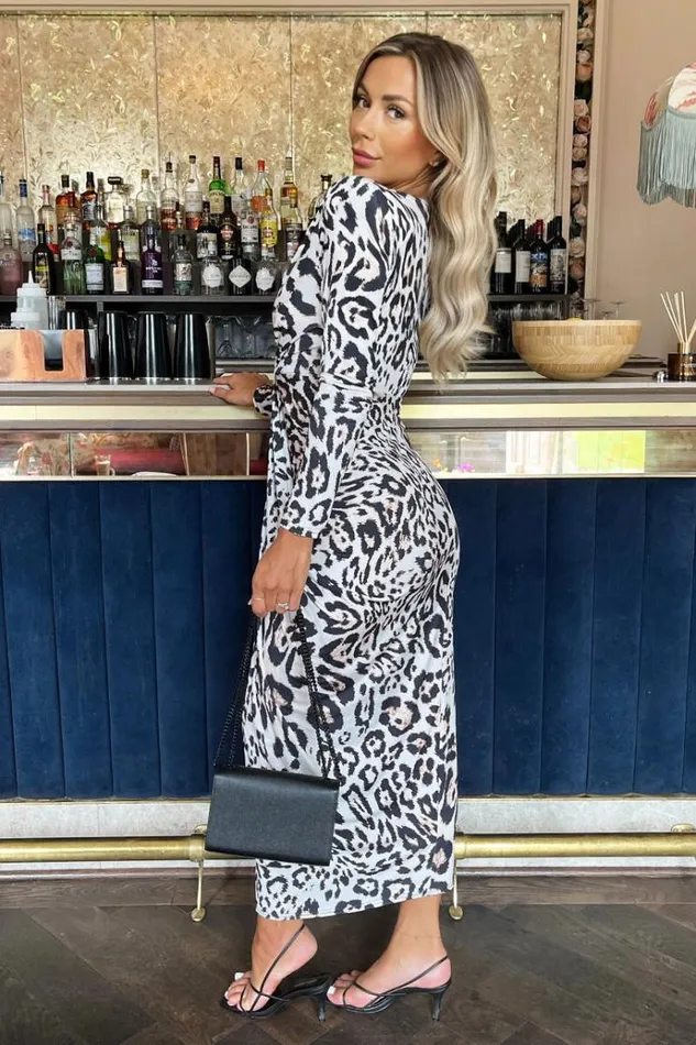 AX Paris Cream Leopard Print Long Sleeve V Neck Knot Drape Midi Dress Women The Leopard Edit