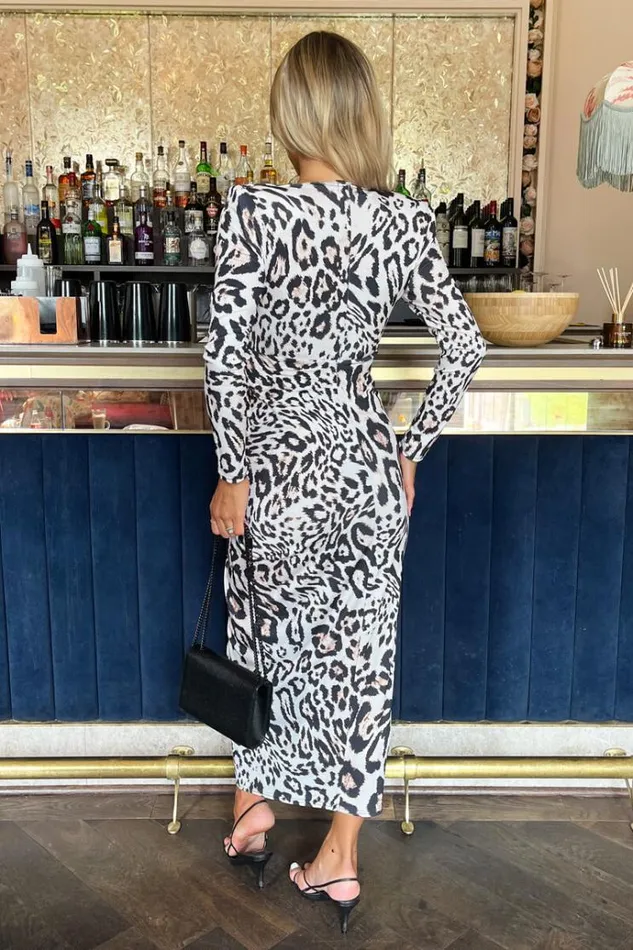 AX Paris Cream Leopard Print Long Sleeve V Neck Knot Drape Midi Dress Women The Leopard Edit