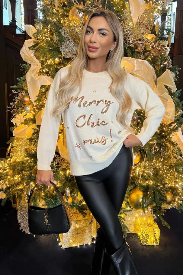 AX Paris Cream Merry Chicmas Sequin Knit Jumper Women Tops