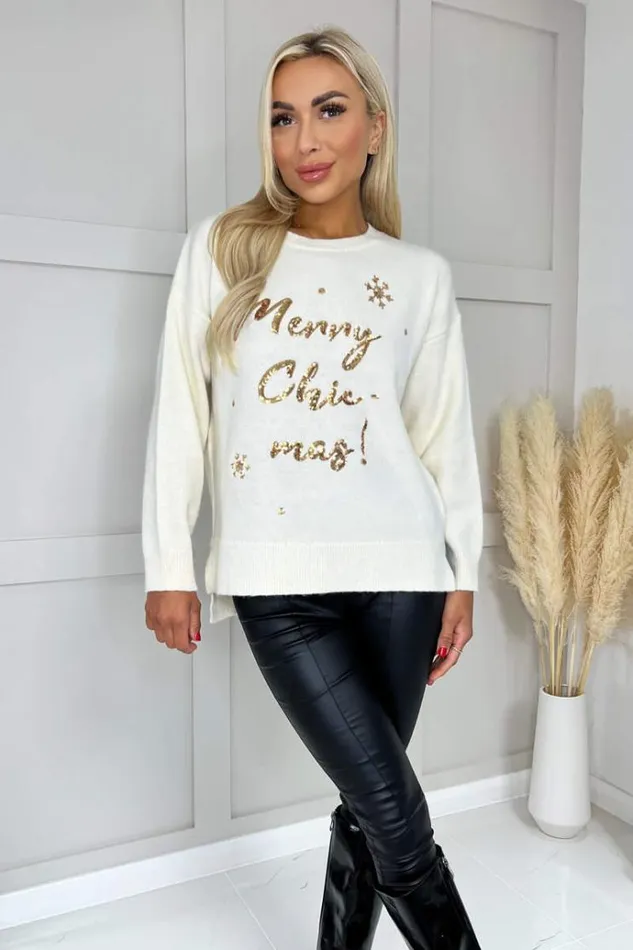 AX Paris Cream Merry Chicmas Sequin Knit Jumper Women Tops