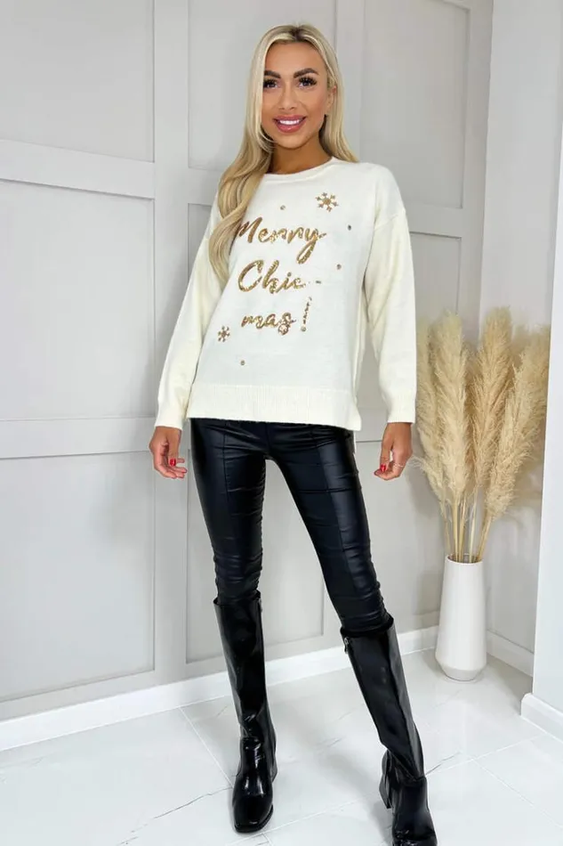 AX Paris Cream Merry Chicmas Sequin Knit Jumper Women Tops