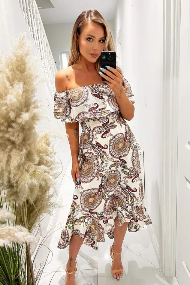 AX Paris Cream Paisley Printed Bardot Style Midi Dress Women Dresses