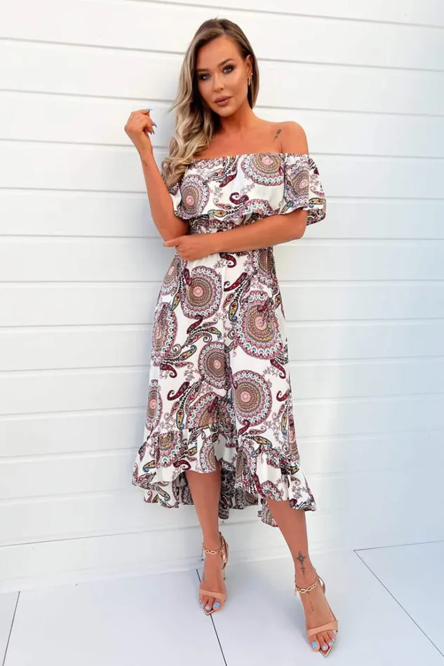 AX Paris Cream Paisley Printed Bardot Style Midi Dress Women Dresses