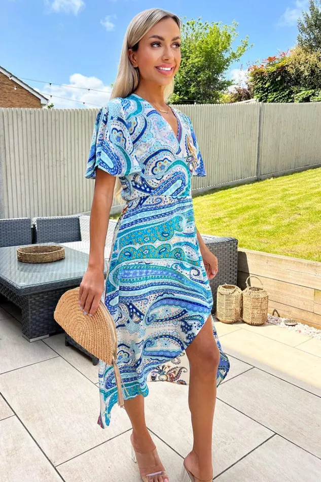 AX Paris Cream Paisley Printed Butterfly Sleeve Wrap Over Midi Dress Women Dresses