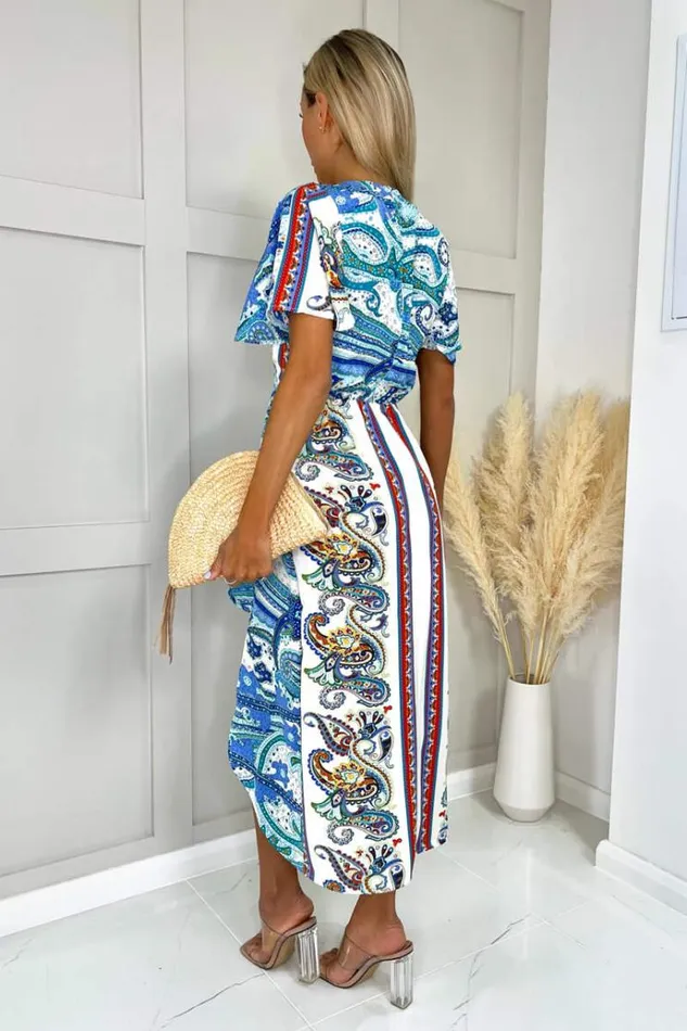 AX Paris Cream Paisley Printed Butterfly Sleeve Wrap Over Midi Dress Women Dresses