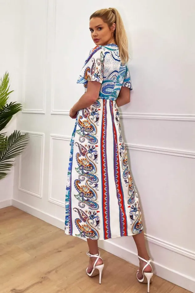AX Paris Cream Paisley Printed Butterfly Sleeve Wrap Over Midi Dress Women Dresses