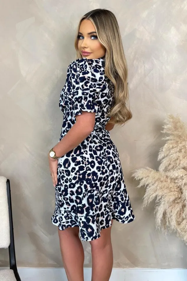 AX Paris Cream Pink And Navy Animal Print Short Sleeve Ruched Front Mini Dress Women Dresses