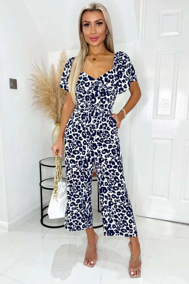 AX Paris Cream Pink And Navy Animal Print Short Sleeve Tie Front Jumpsuit Women Jumpsuits And Playsuits AX Paris Cream Pink And Navy Animal Print Short Sleeve Tie Front Jumpsuit Women Jumpsuits And Playsuits