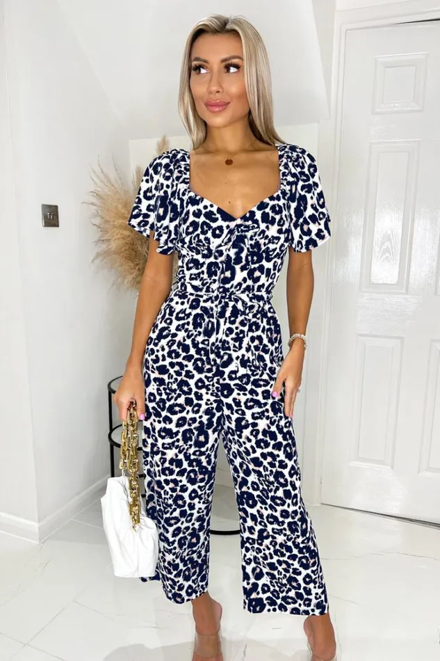 AX Paris Cream Pink And Navy Animal Print Short Sleeve Tie Front Jumpsuit Women Jumpsuits And Playsuits