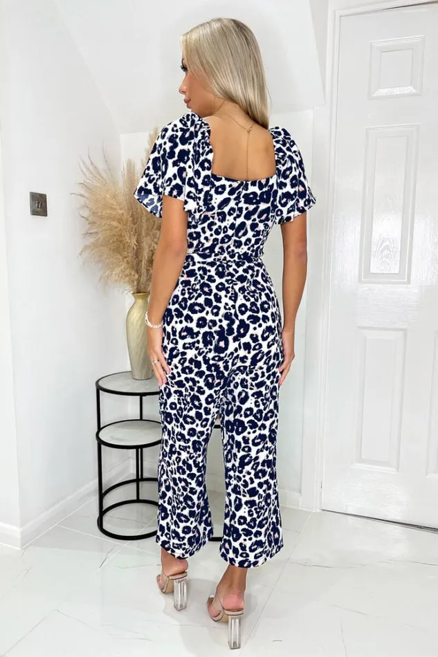 AX Paris Cream Pink And Navy Animal Print Short Sleeve Tie Front Jumpsuit Women Jumpsuits And Playsuits
