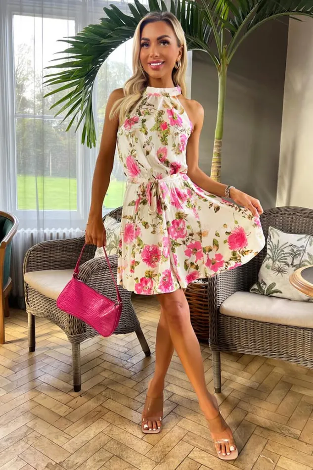 AX Paris Cream Satin Floral Print Halterneck Mini Dress Women Dresses