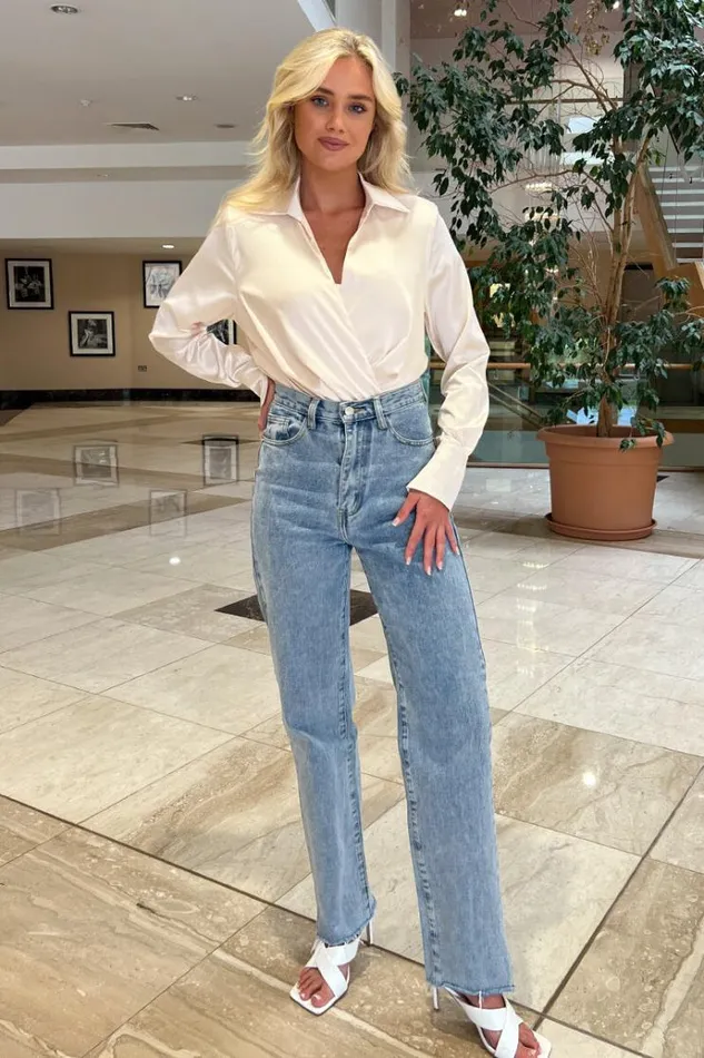 AX Paris Cream Satin Wrap Shirt Bodysuit Women Bodysuits