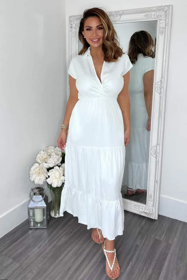 AX Paris Cream Short Sleeved VNeck Midi Smock Dress Women Dresses