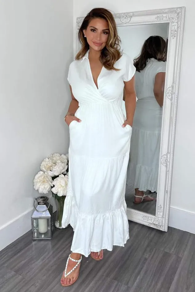 AX Paris Cream Short Sleeved VNeck Midi Smock Dress Women Dresses