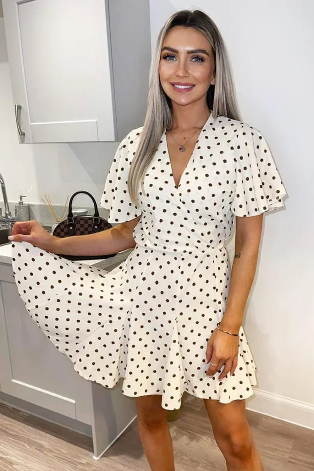 AX Paris Cream Spotty Butterfly Sleeve Pleated Mini Dress Women Dresses
