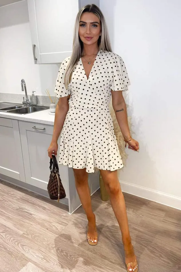 AX Paris Cream Spotty Butterfly Sleeve Pleated Mini Dress Women Dresses