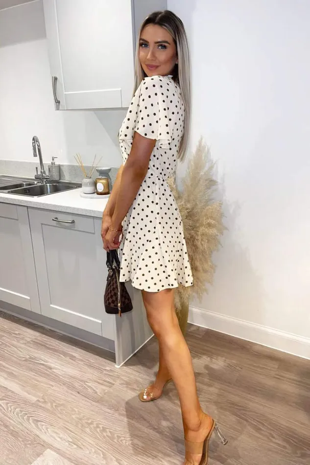 AX Paris Cream Spotty Butterfly Sleeve Pleated Mini Dress Women Dresses