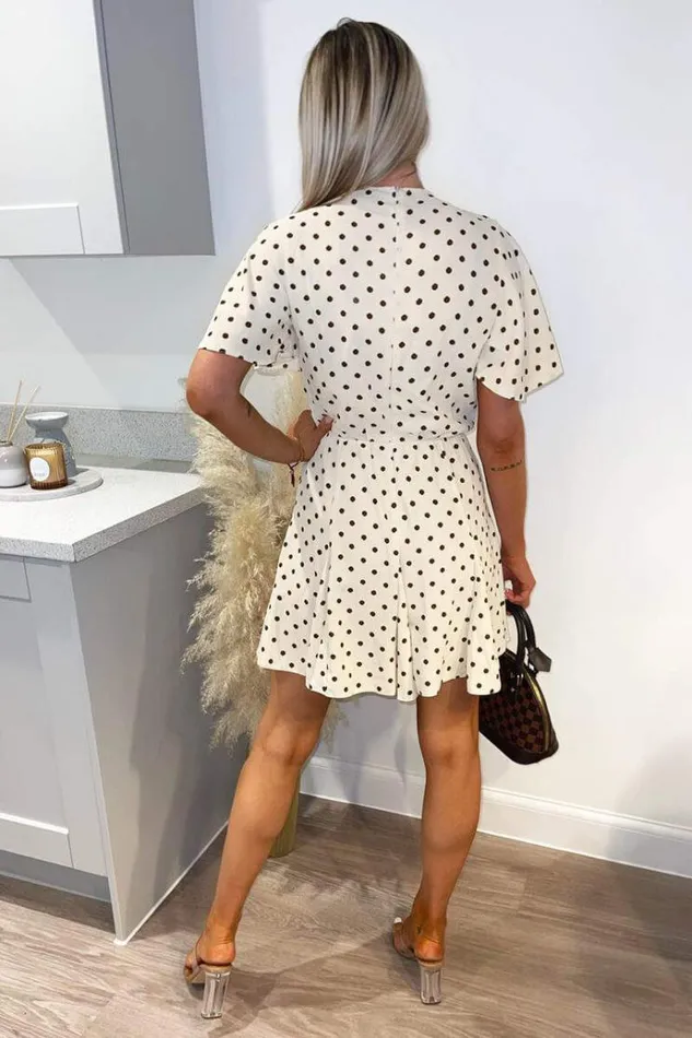 AX Paris Cream Spotty Butterfly Sleeve Pleated Mini Dress Women Dresses
