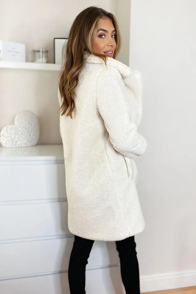 AX Paris Cream Teddy Faux Fur Coat With Collar Women Coats and Jackets