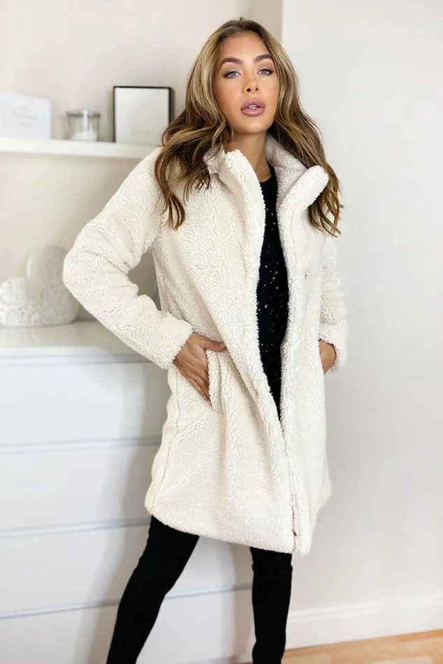AX Paris Cream Teddy Faux Fur Coat With Collar Women Coats and Jackets