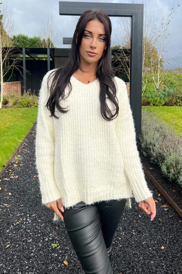 AX Paris Cream VNeck Chenille Knit Jumper Women Tops
