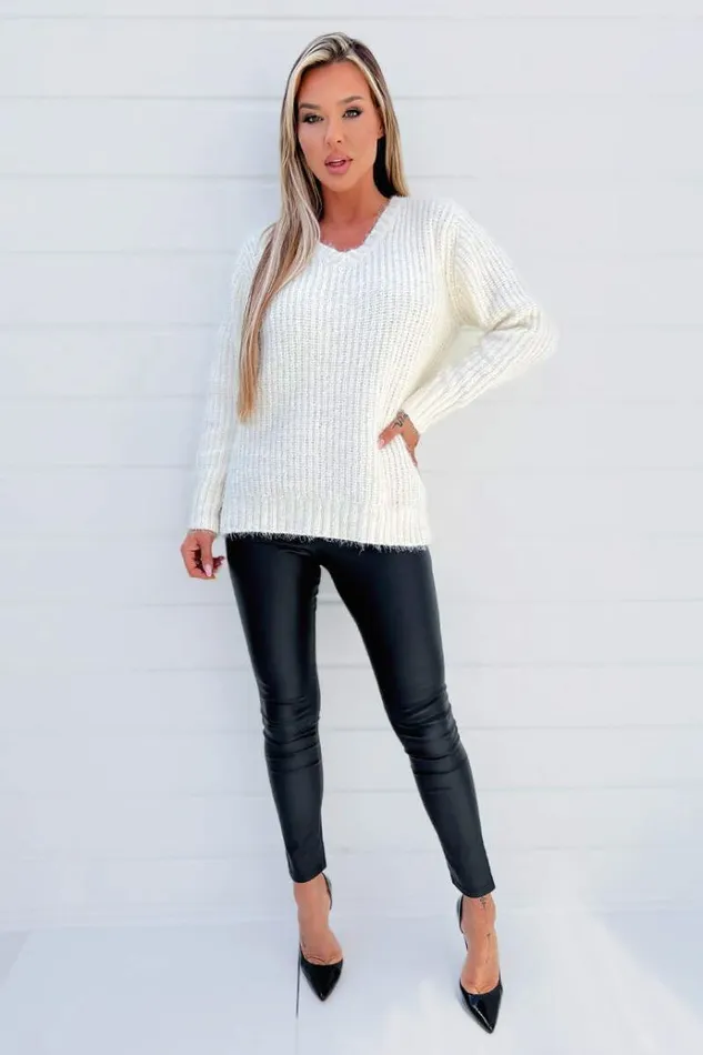 AX Paris Cream VNeck Chenille Knit Jumper Women Tops