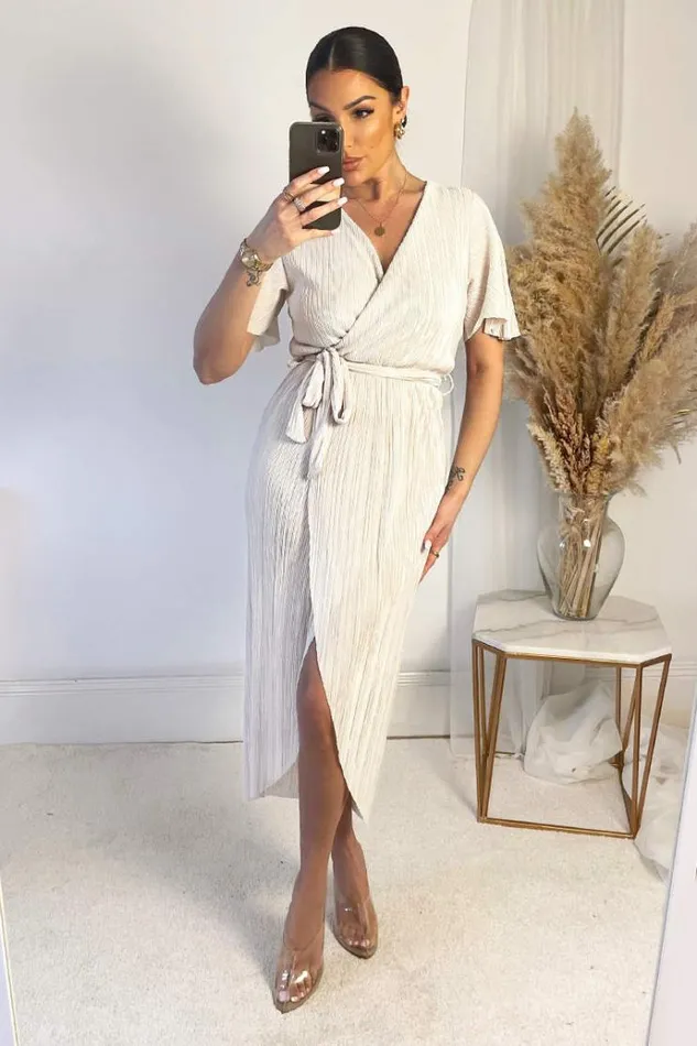 AX Paris Cream Wrap Top Belted Short Sleeve Plisse Midi Dress Women Dresses