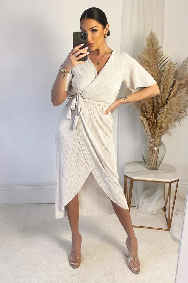 AX Paris Cream Wrap Top Belted Short Sleeve Plisse Midi Dress Women Dresses