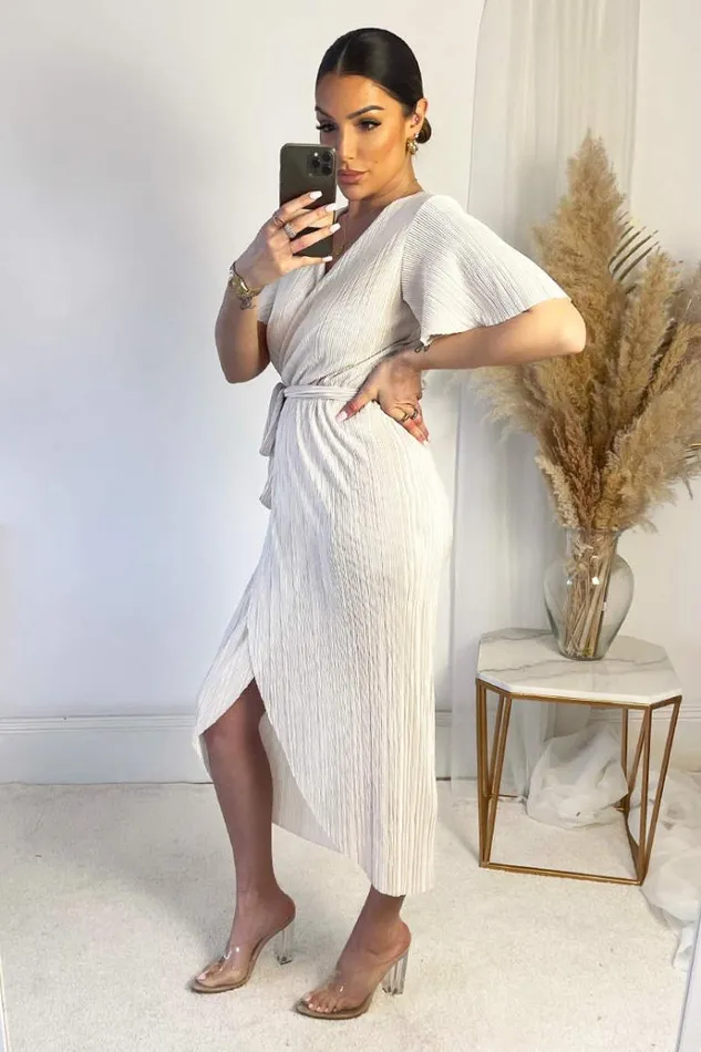 AX Paris Cream Wrap Top Belted Short Sleeve Plisse Midi Dress Women Dresses