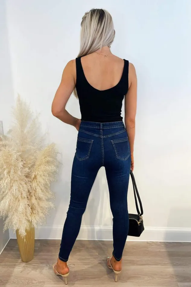 AX Paris Dark Wash Ripped Knee Skinny Jeans Women Jeans