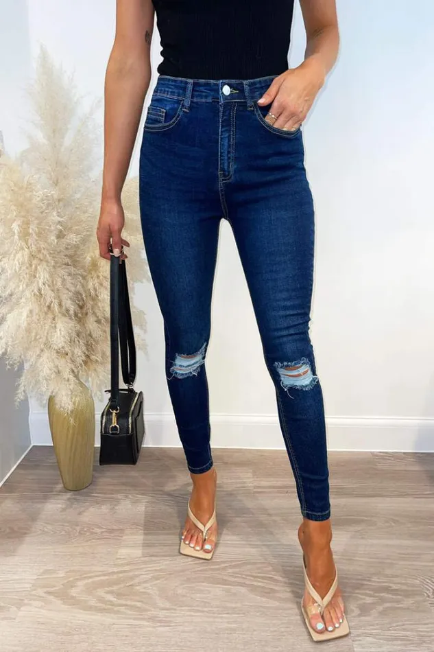 AX Paris Dark Wash Ripped Knee Skinny Jeans Women Jeans