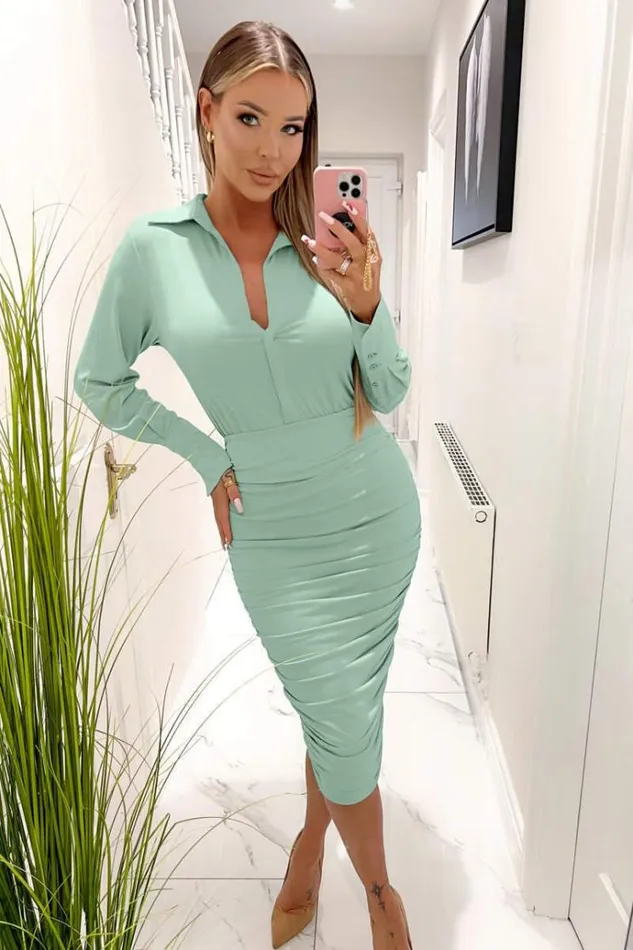 AX Paris Duck Egg Bodycon Long Sleeve Shirt Dress Women Dresses