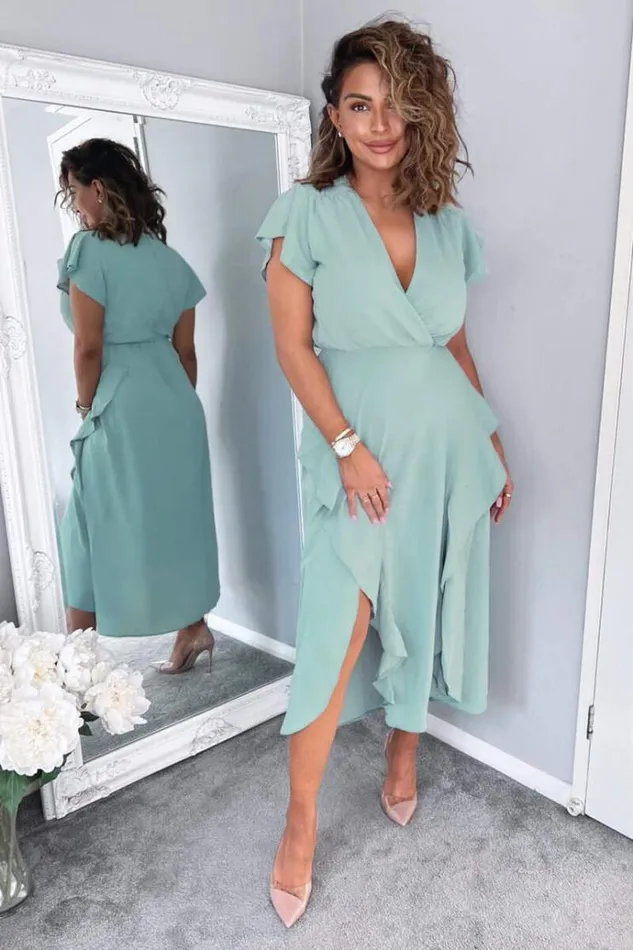 AX Paris Duck Egg Frill Detail Double Split Skirt Midi Dress Women Dresses