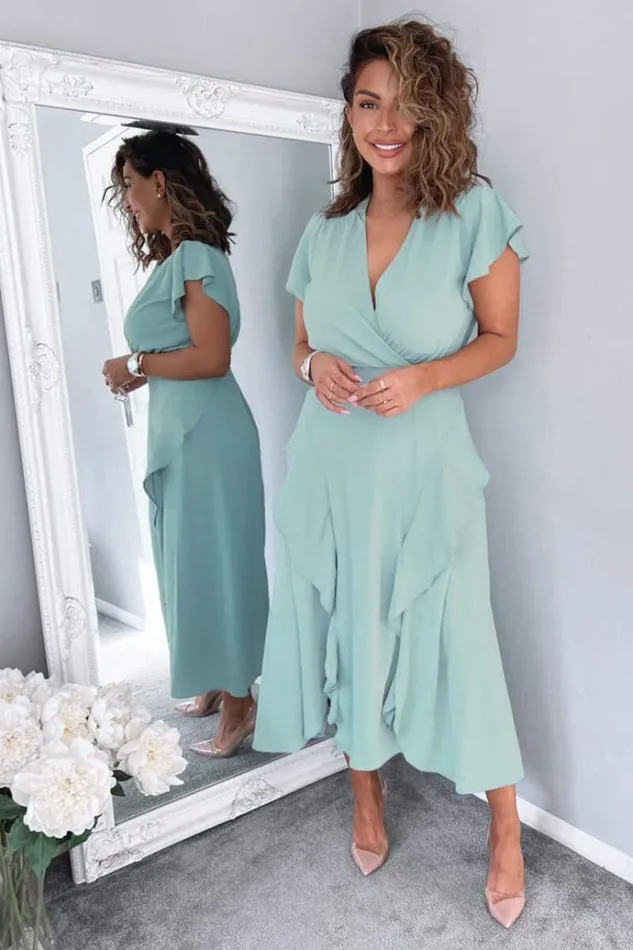 AX Paris Duck Egg Frill Detail Double Split Skirt Midi Dress Women Dresses