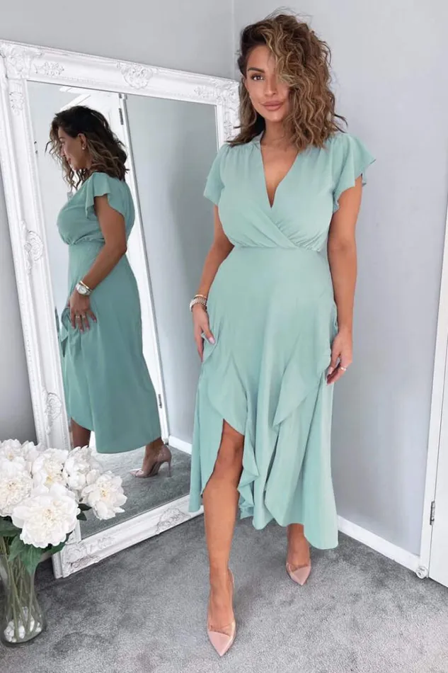 AX Paris Duck Egg Frill Detail Double Split Skirt Midi Dress Women Dresses
