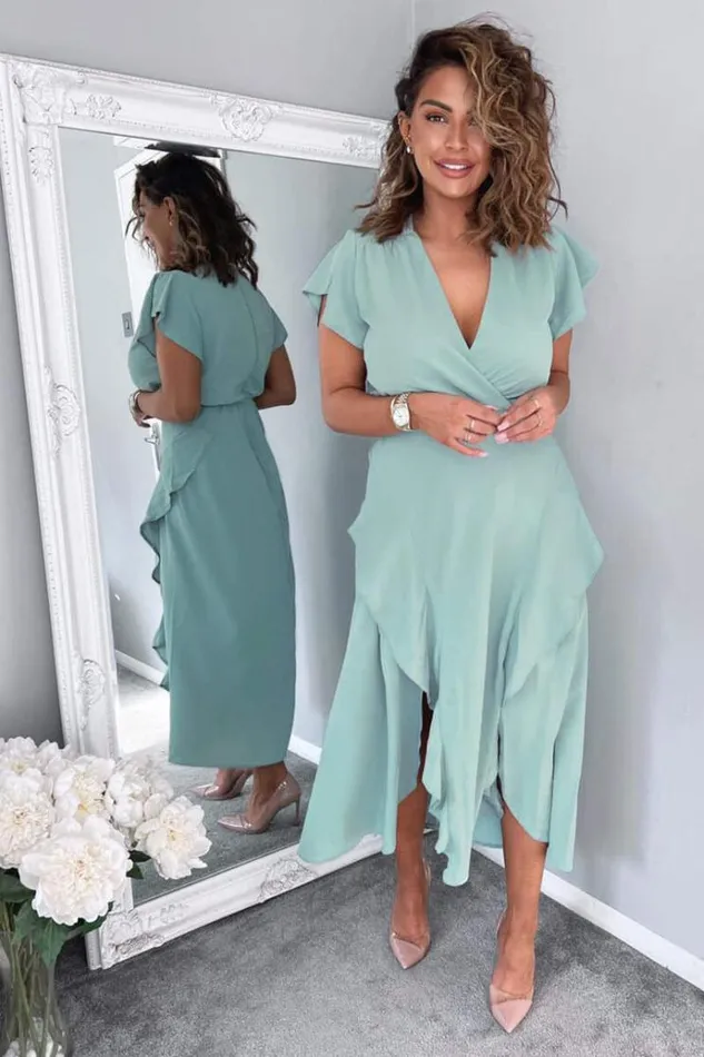 AX Paris Duck Egg Frill Detail Double Split Skirt Midi Dress Women Dresses