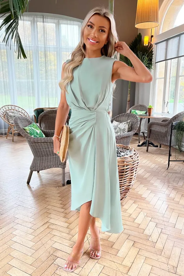 AX Paris Duck Egg Gathered Midi Dress With Shoulder Pads Women Dresses