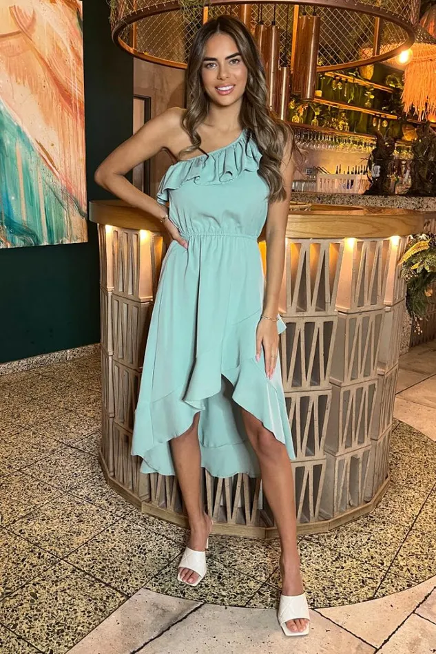AX Paris Duck Egg One Shoulder Frill Detail Dipped Hem Dress Women Dresses