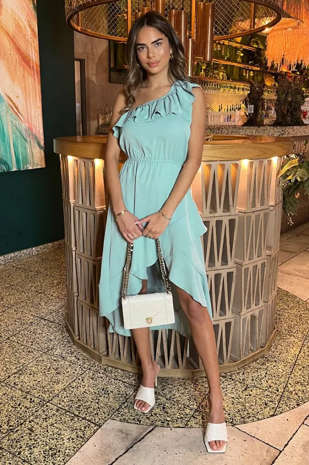AX Paris Duck Egg One Shoulder Frill Detail Dipped Hem Dress Women Dresses