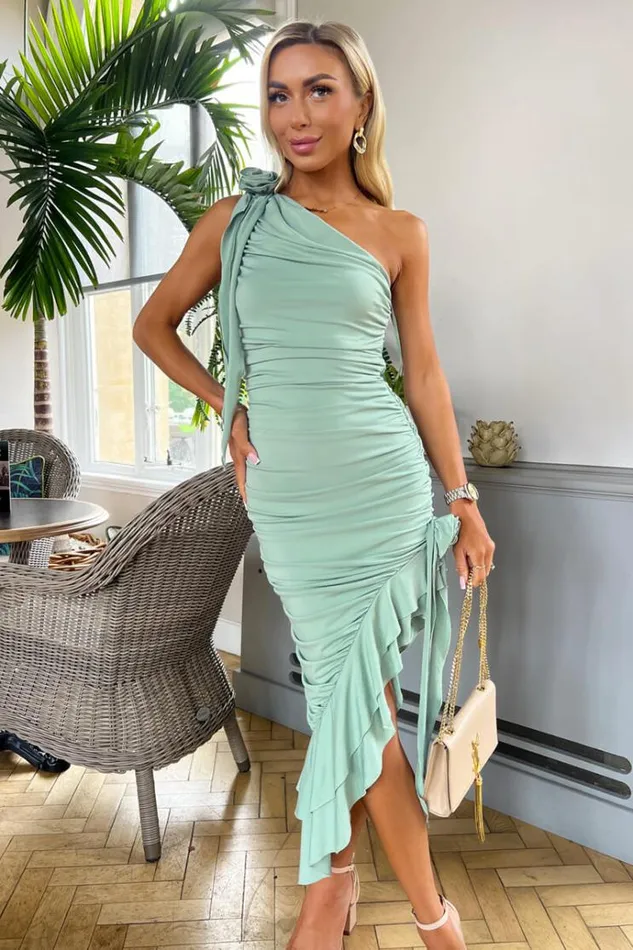 AX Paris Duck Egg One Shoulder Ruched Asymmetrical Frill Midi Dress With Flower Details Women Dresses