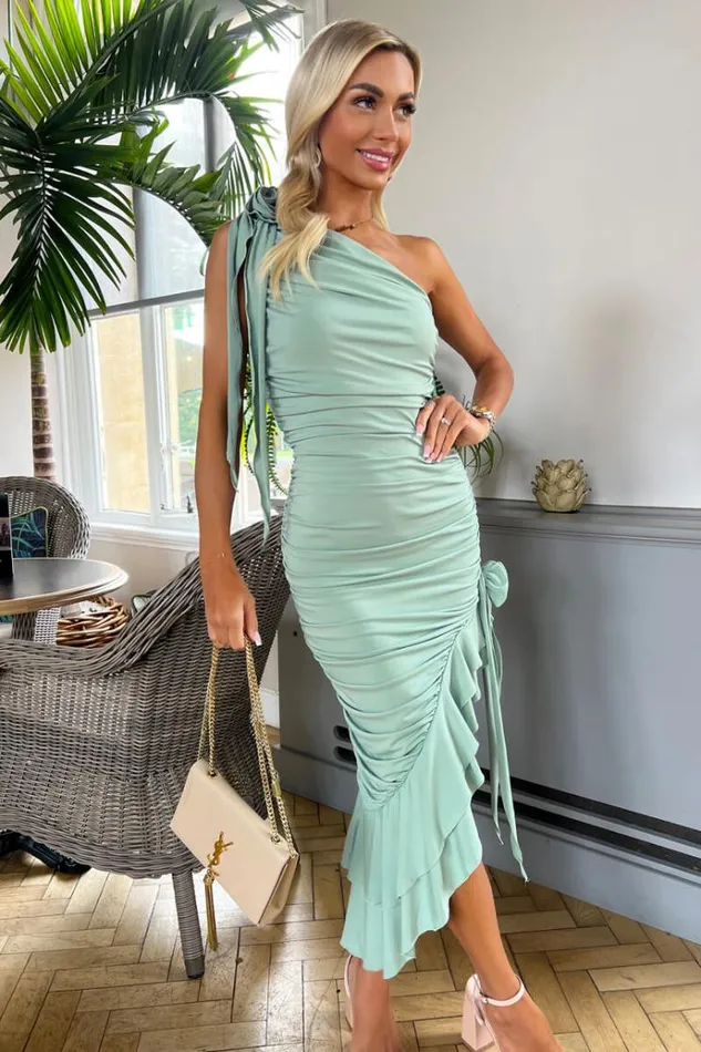 AX Paris Duck Egg One Shoulder Ruched Asymmetrical Frill Midi Dress With Flower Details Women Dresses