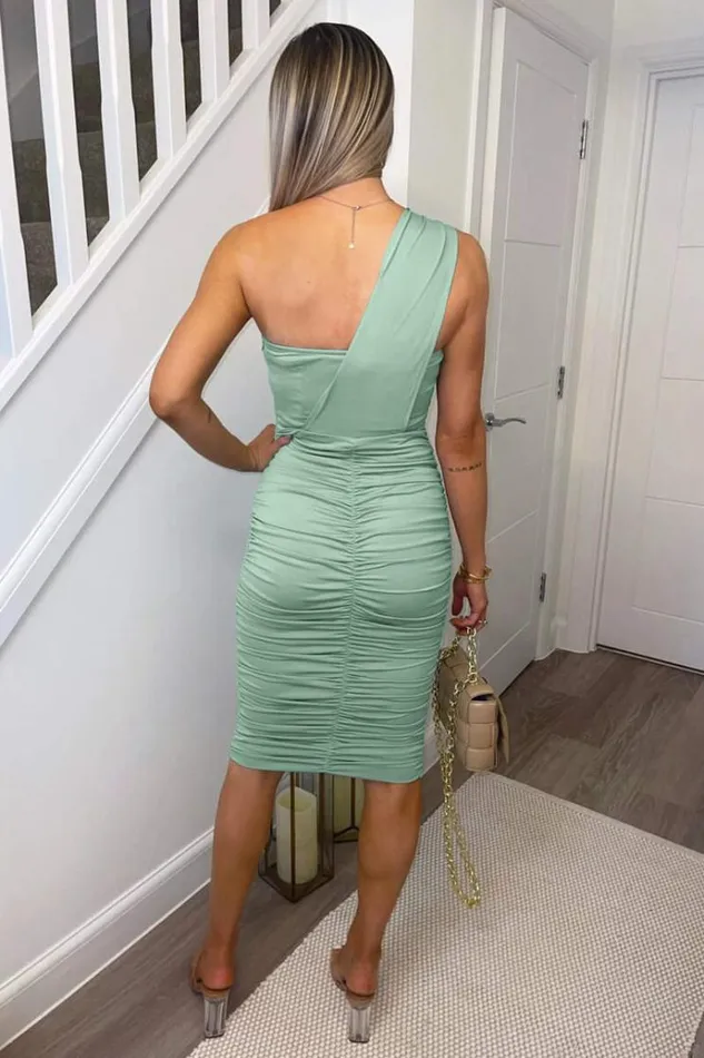 AX Paris Duck Egg One Shoulder Ruched Bodycon Midi Dress Women Dresses