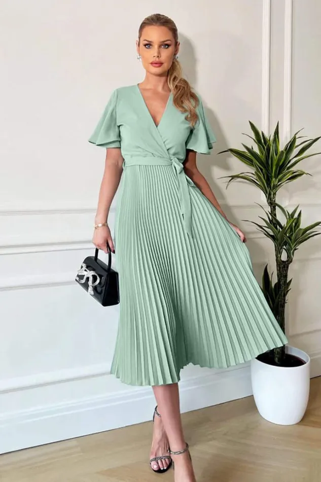 AX Paris Duck Egg Pleated Midi Dress With Tie Waist Women Dresses